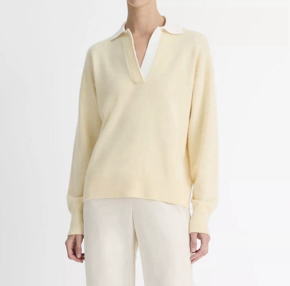 Vince Wool & Cashmere Blend Contrast Collar Polo Sweater Butter Light Yellow M